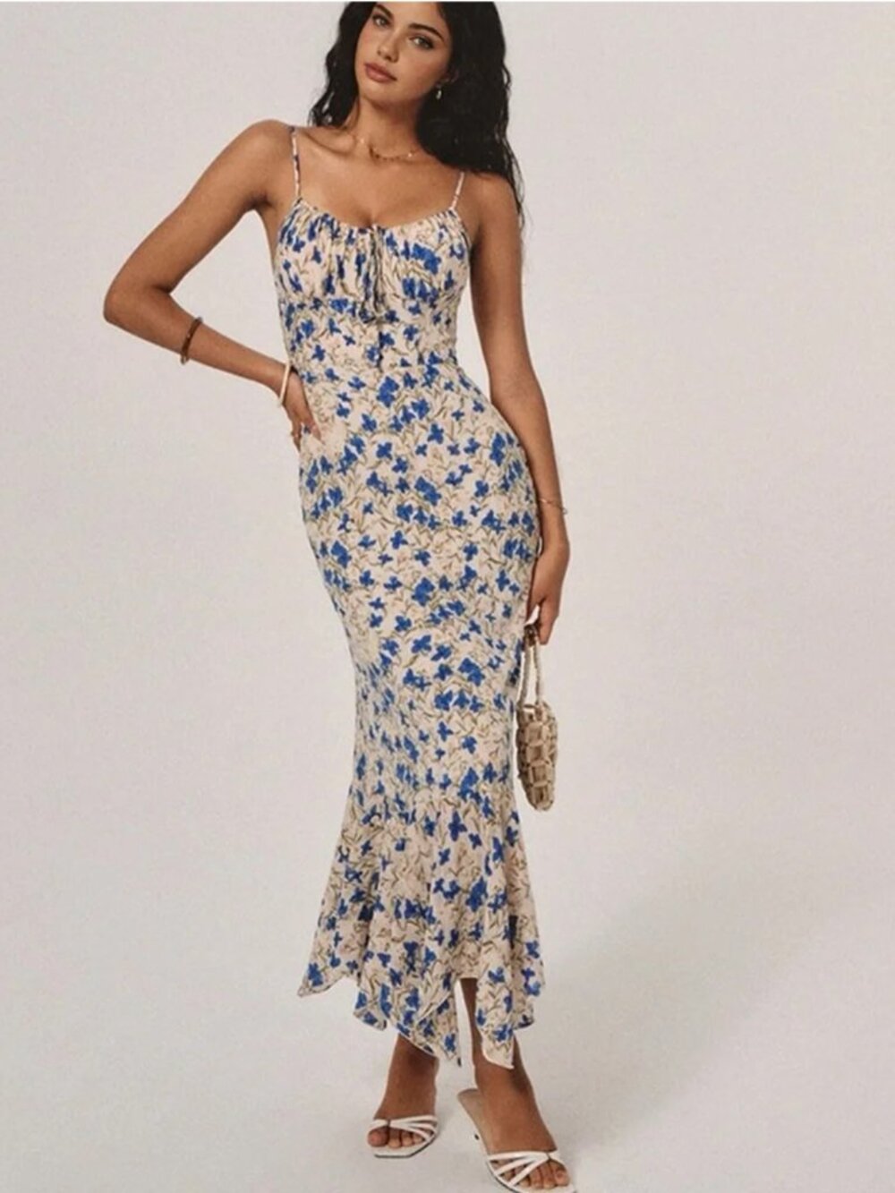 Commense Cream Midi Dress with Blue Floral Print